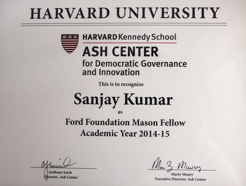 Certificate recognising Sanjay Kumar as a Ford Foundation Mason Fellow, Harvard Kennedy School Ash Center